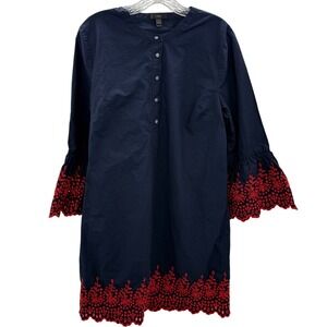 J.Crew Navy Blue Eyelet Embroidered Bell Sleeve Tunic Midi Dress Women's Large